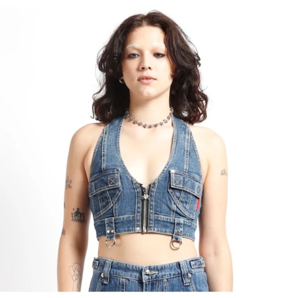 Tripp NYC Power Halter Denim Crop Top Sleeveless Front Zip Punk Y2K Blue 2X
